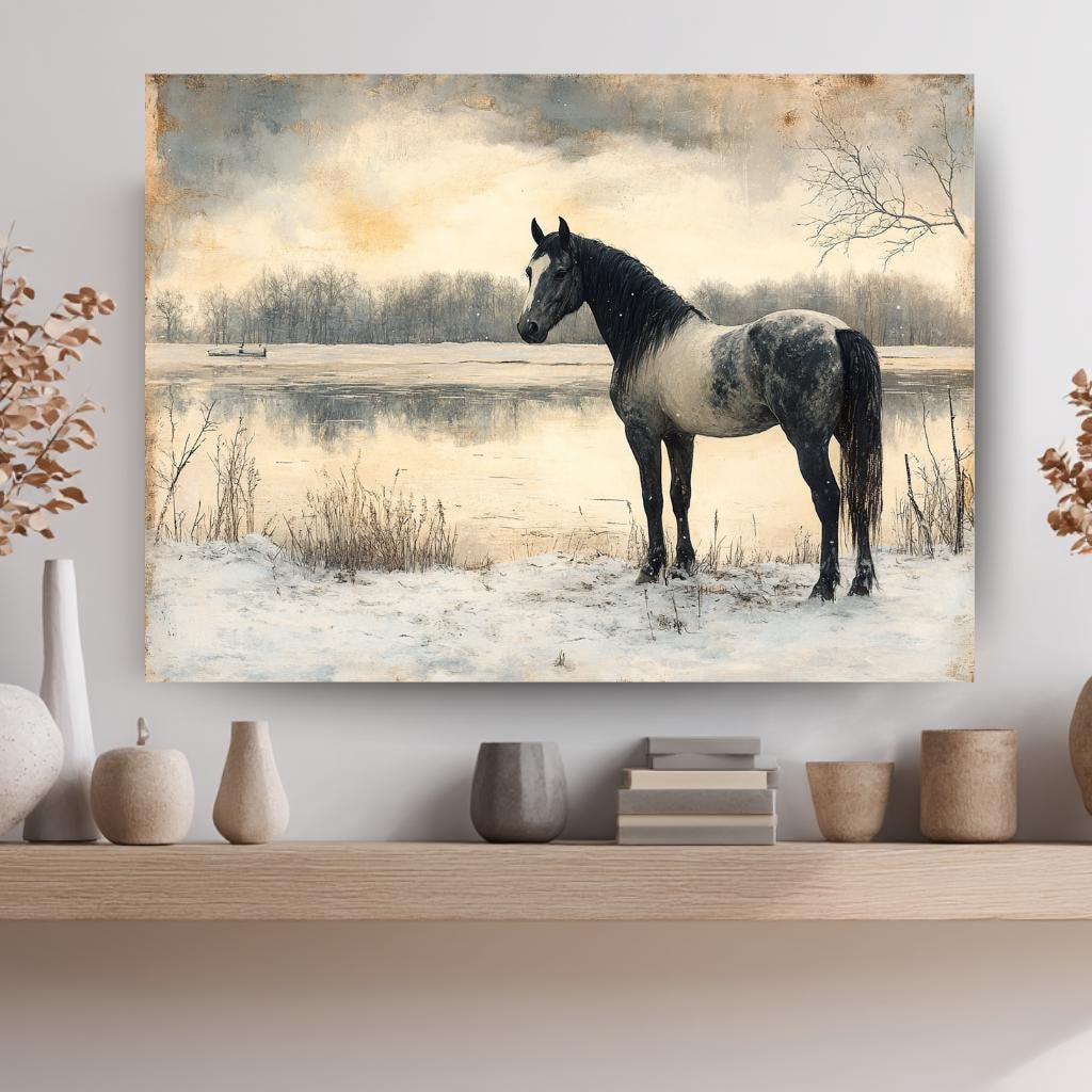 Horse by the River Wall Art, Vintage Winter Framed Canvas, Rustic Equestrian Landscape Print, Country Cabin Decor, Tranquil Home Accent