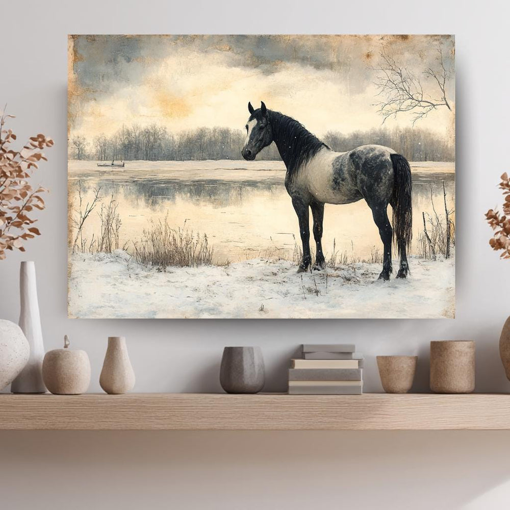 Horse by the River Wall Art, Vintage Winter Framed Canvas, Rustic Equestrian Landscape Print, Country Cabin Decor, Tranquil Home Accent