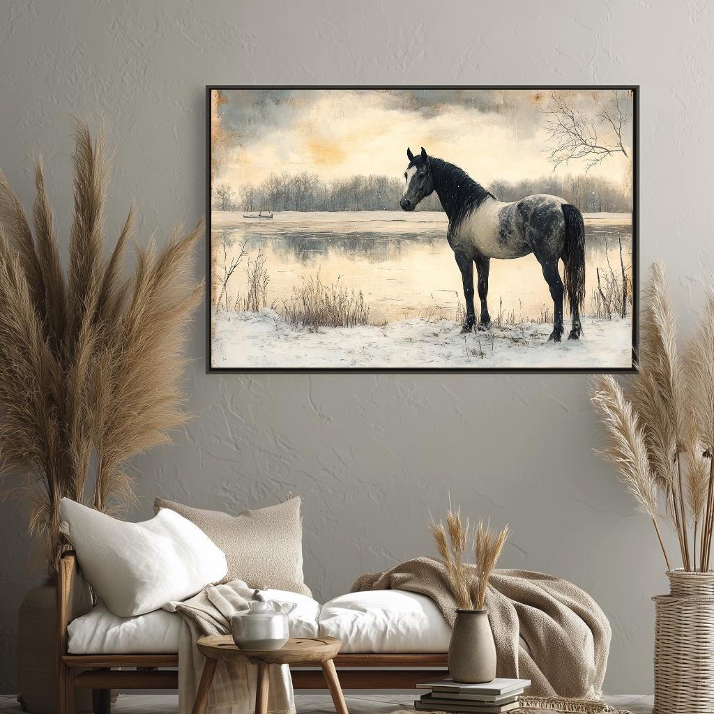 Horse by the River Wall Art, Vintage Winter Framed Canvas, Rustic Equestrian Landscape Print, Country Cabin Decor, Tranquil Home Accent