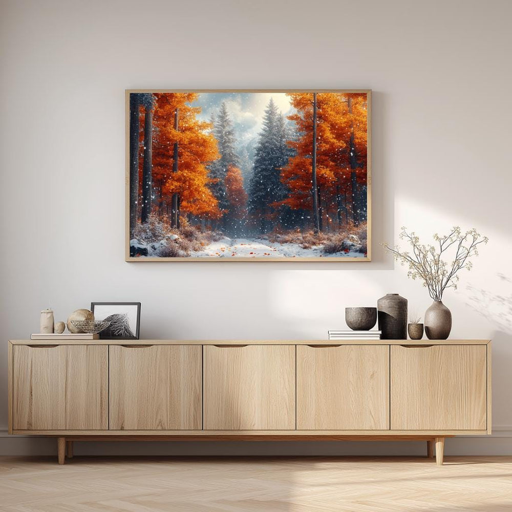 Amber Autumn Path Wall Art, Snowy Forest Framed Canvas, Nature Woodland Print, Cozy Rustic Decor, Winter Home Accent, Autumn Lover Gift