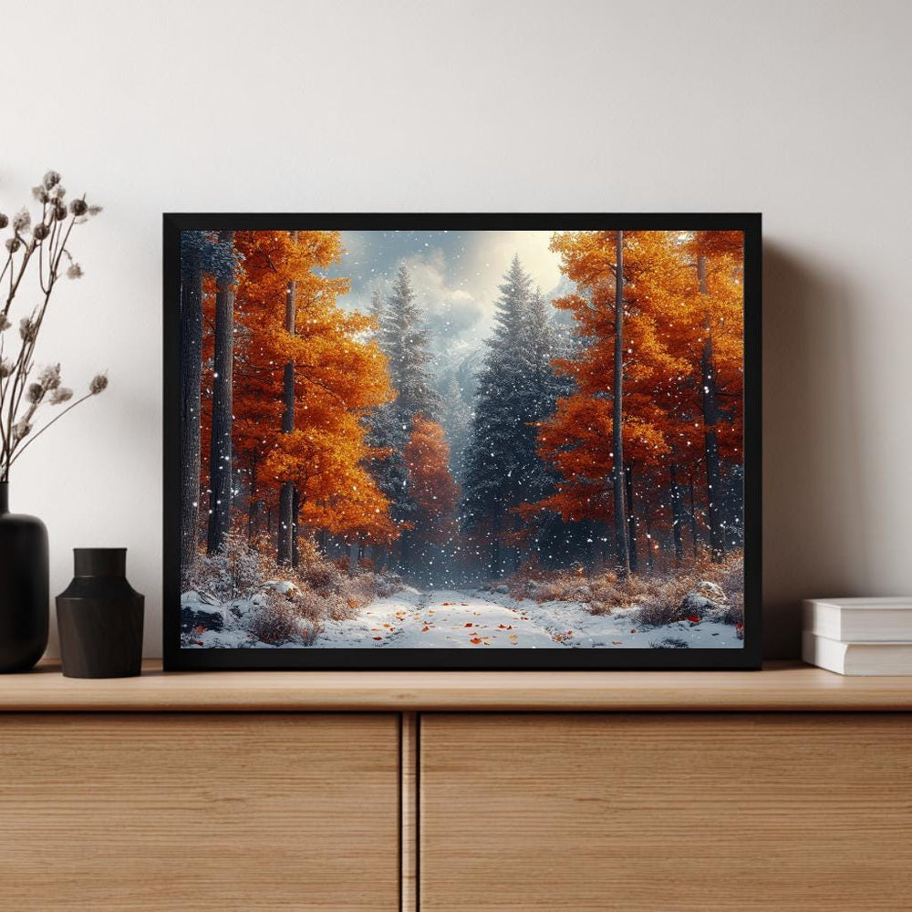 Amber Autumn Path Wall Art, Snowy Forest Framed Canvas, Nature Woodland Print, Cozy Rustic Decor, Winter Home Accent, Autumn Lover Gift