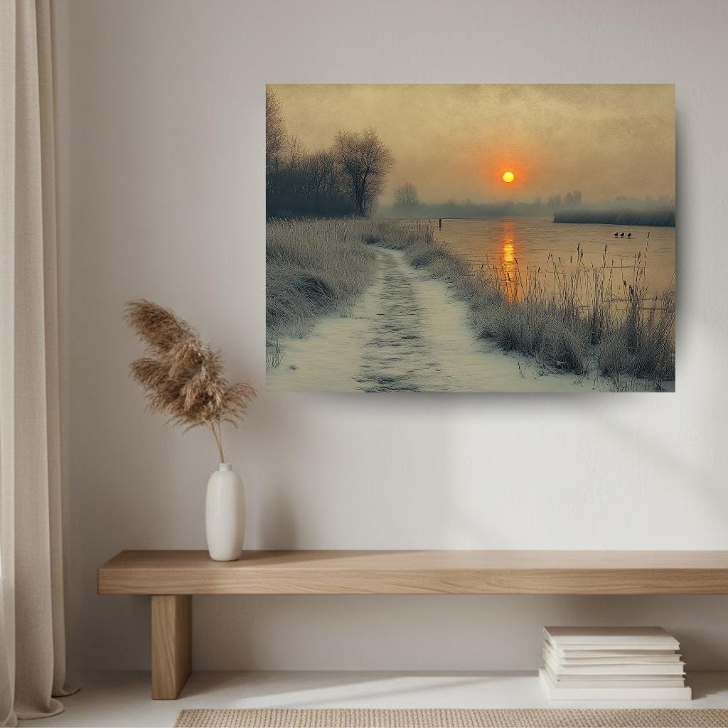 Winter Sunrise River Wall Art, Misty Morning Framed Canvas, Rustic Country Path Landscape Print, Nature Inspired Decor, Cozy Home Accent