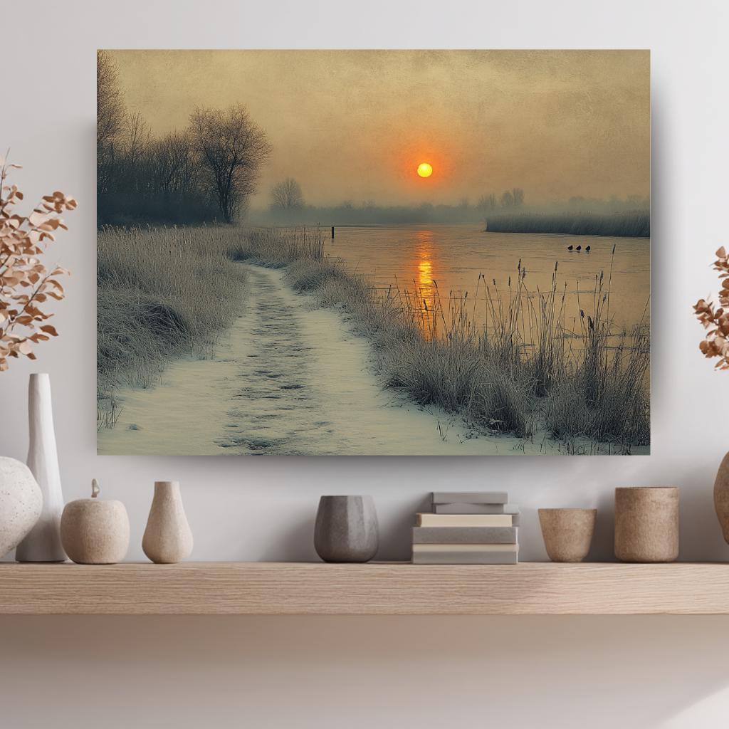 Winter Sunrise River Wall Art, Misty Morning Framed Canvas, Rustic Country Path Landscape Print, Nature Inspired Decor, Cozy Home Accent
