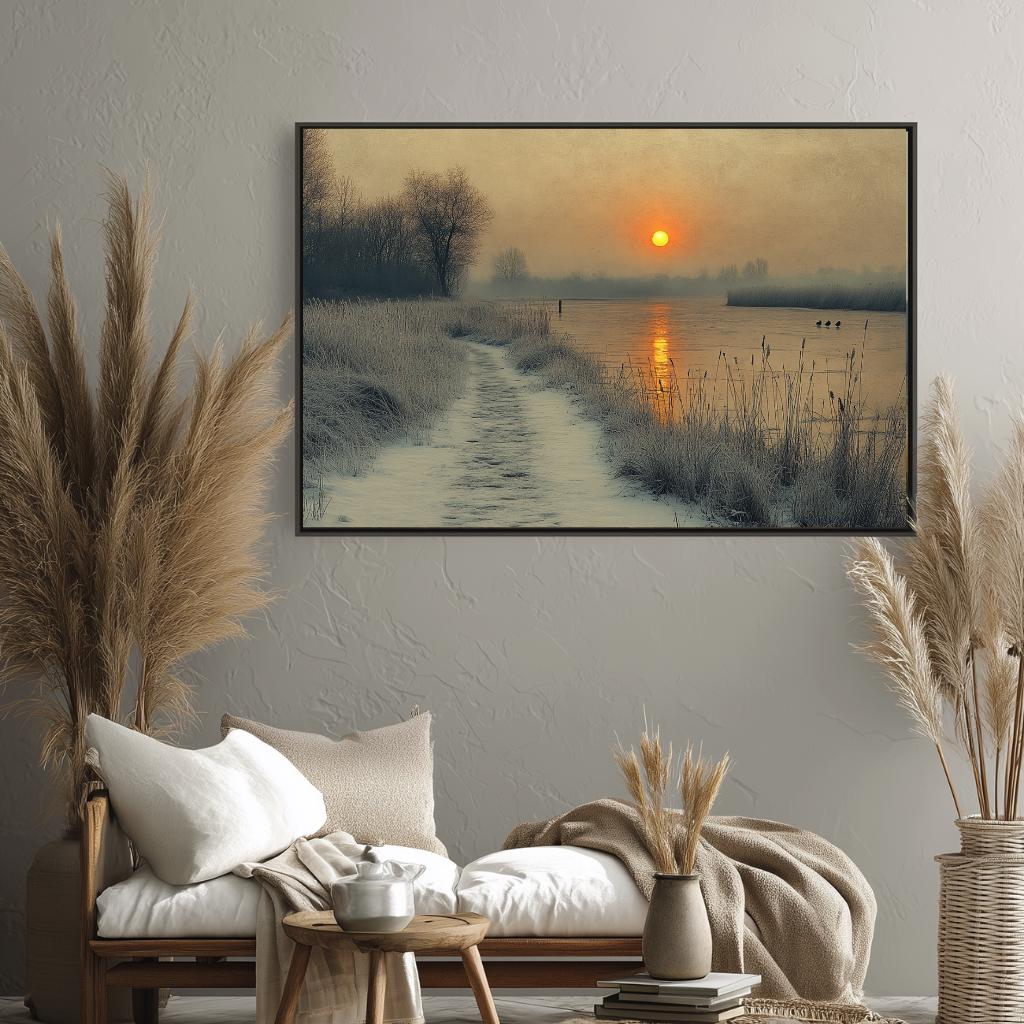 Winter Sunrise River Wall Art, Misty Morning Framed Canvas, Rustic Country Path Landscape Print, Nature Inspired Decor, Cozy Home Accent