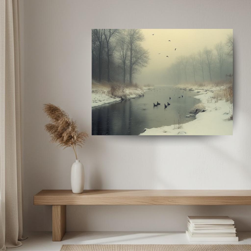 Foggy River Ducks Wall Art, Misty Winter Framed Canvas, Nature Inspired Landscape Print, Rustic Farmhouse Decor, Tranquil Home Accent