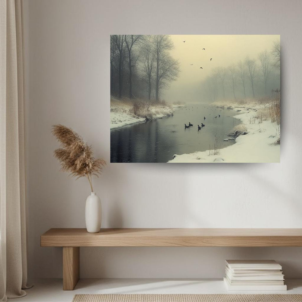 Foggy River Ducks Wall Art, Misty Winter Framed Canvas, Nature Inspired Landscape Print, Rustic Farmhouse Decor, Tranquil Home Accent