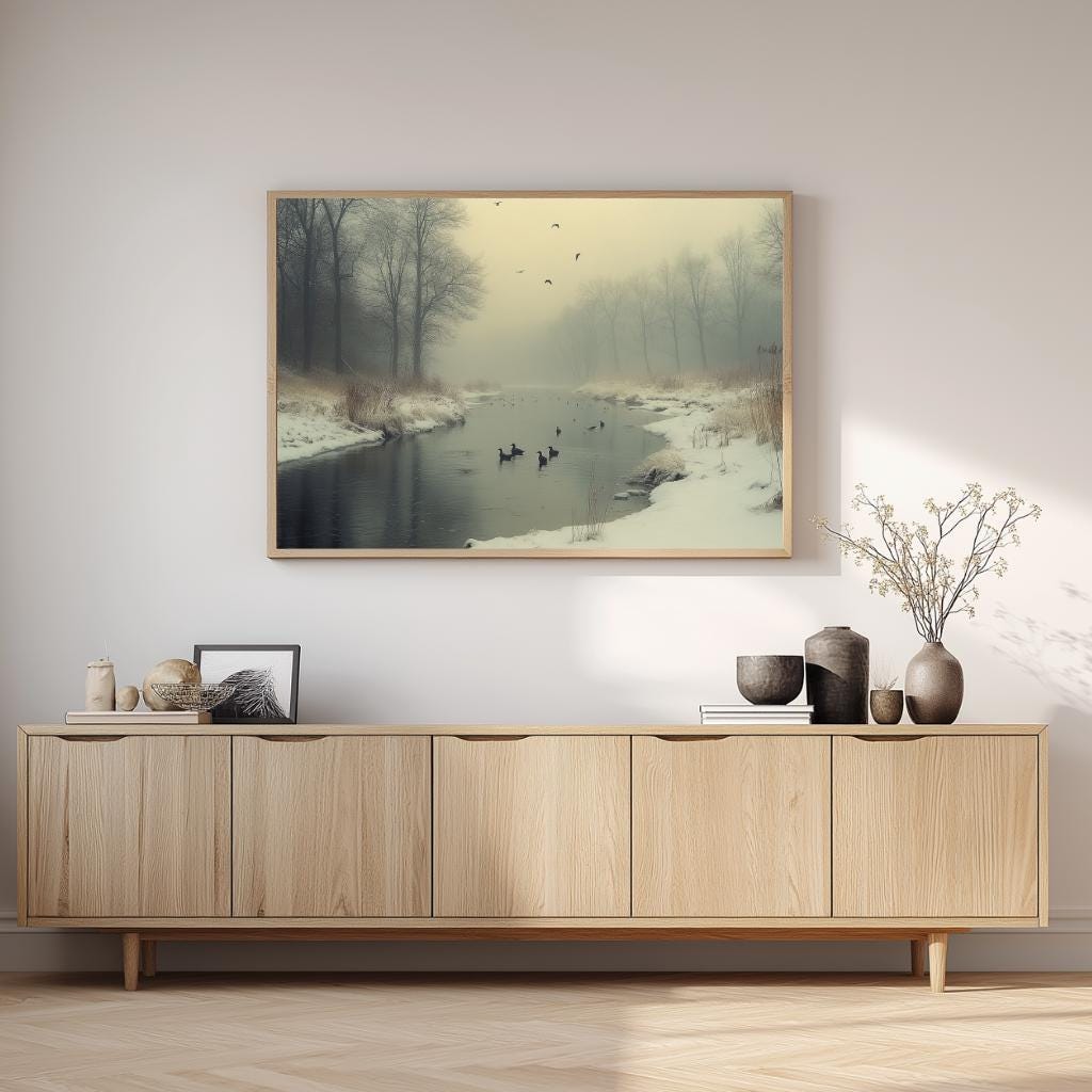Foggy River Ducks Wall Art, Misty Winter Framed Canvas, Nature Inspired Landscape Print, Rustic Farmhouse Decor, Tranquil Home Accent