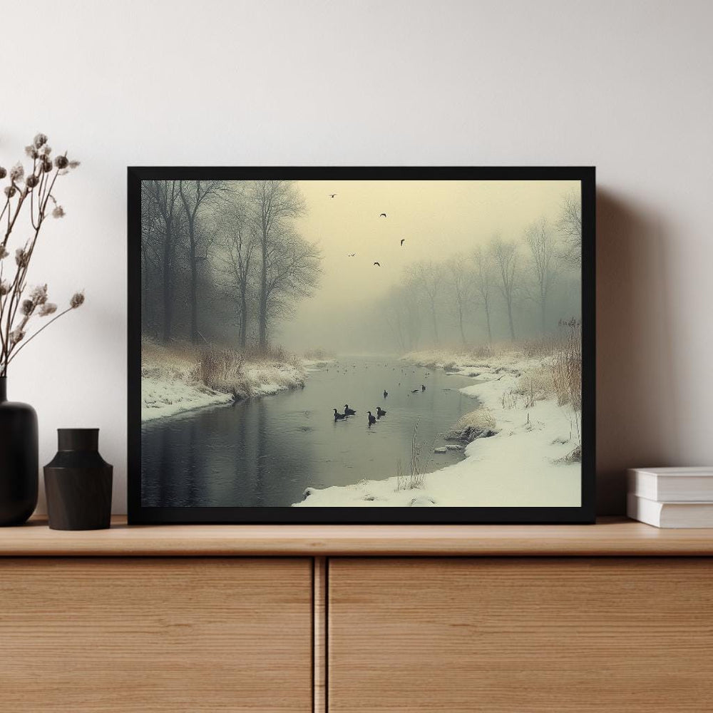Foggy River Ducks Wall Art, Misty Winter Framed Canvas, Nature Inspired Landscape Print, Rustic Farmhouse Decor, Tranquil Home Accent