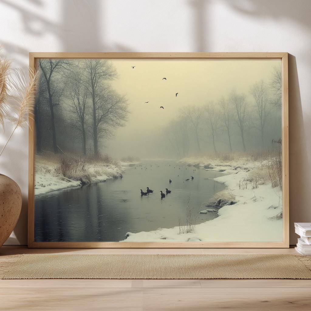 Foggy River Ducks Wall Art, Misty Winter Framed Canvas, Nature Inspired Landscape Print, Rustic Farmhouse Decor, Tranquil Home Accent