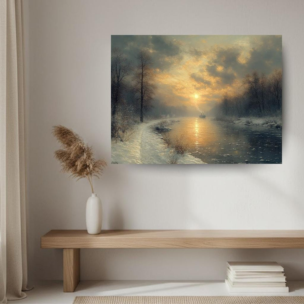 Winter River Sunrise Wall Art, Moody Snow Landscape Canvas, Tranquil Nature Inspired Print, Rustic Farmhouse Winter Home Decor