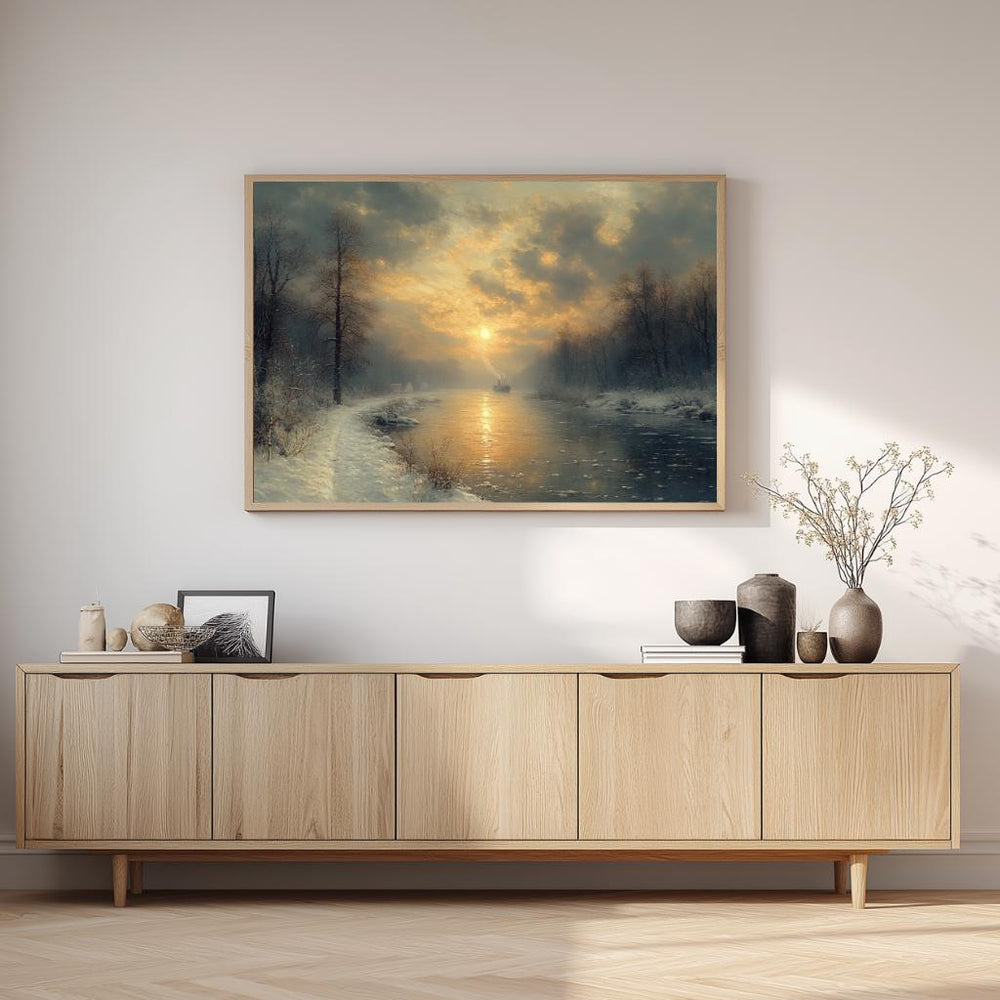 Winter River Sunrise Wall Art, Moody Snow Landscape Canvas, Tranquil Nature Inspired Print, Rustic Farmhouse Winter Home Decor