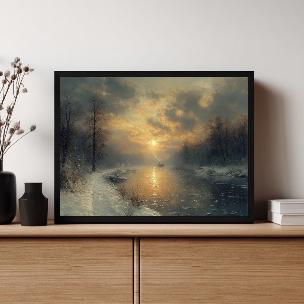 Winter River Sunrise Wall Art, Moody Snow Landscape Canvas, Tranquil Nature Inspired Print, Rustic Farmhouse Winter Home Decor