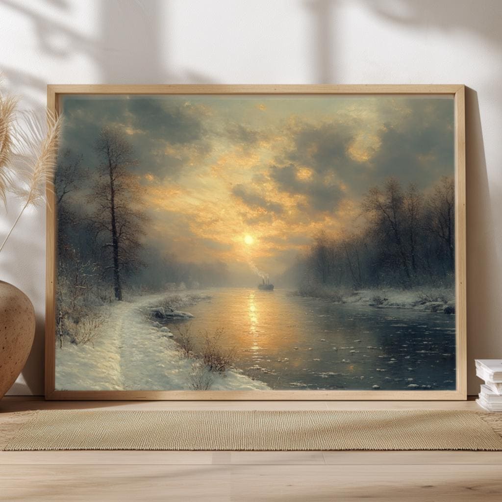 Winter River Sunrise Wall Art, Moody Snow Landscape Canvas, Tranquil Nature Inspired Print, Rustic Farmhouse Winter Home Decor