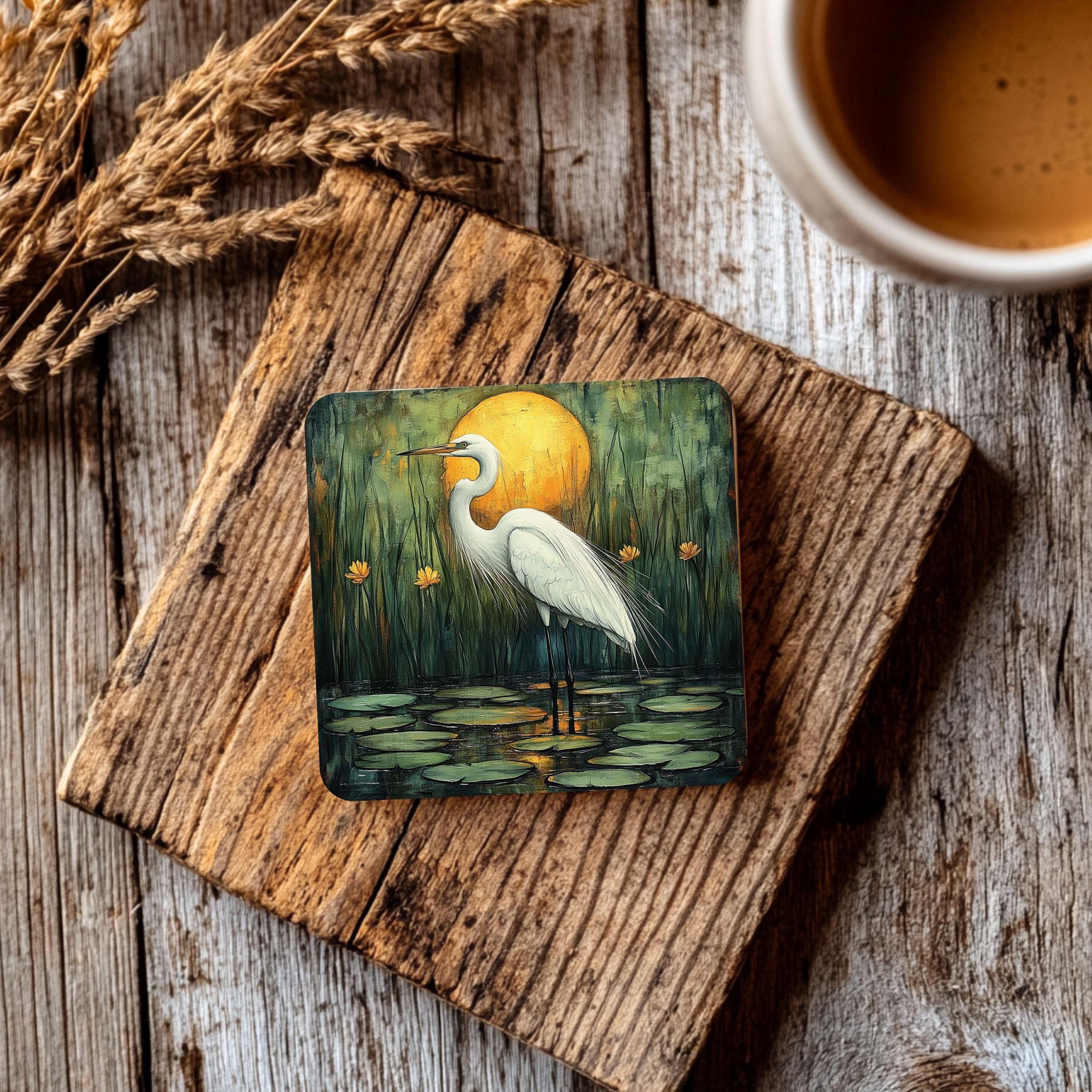 White Egret Coaster Set of 4, Nature-Inspired Heron Art Coasters, Golden Sunset Marsh Scene Ceramic Drink Coaster Set