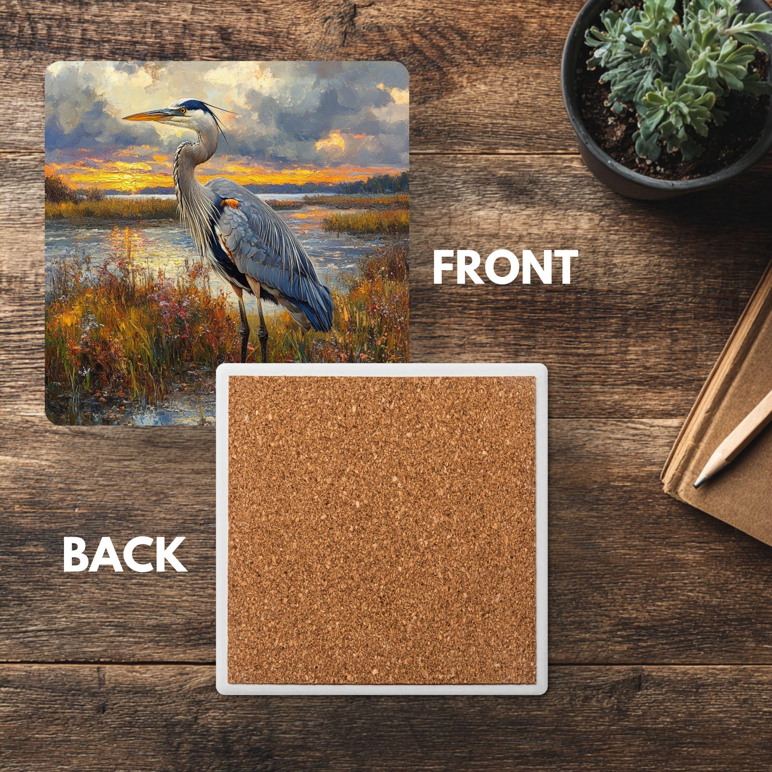 Blue Heron Coaster Set of 4, Coastal Bird Art Coasters, Marshland Sunset Landscape Ceramic Drink Coaster Set