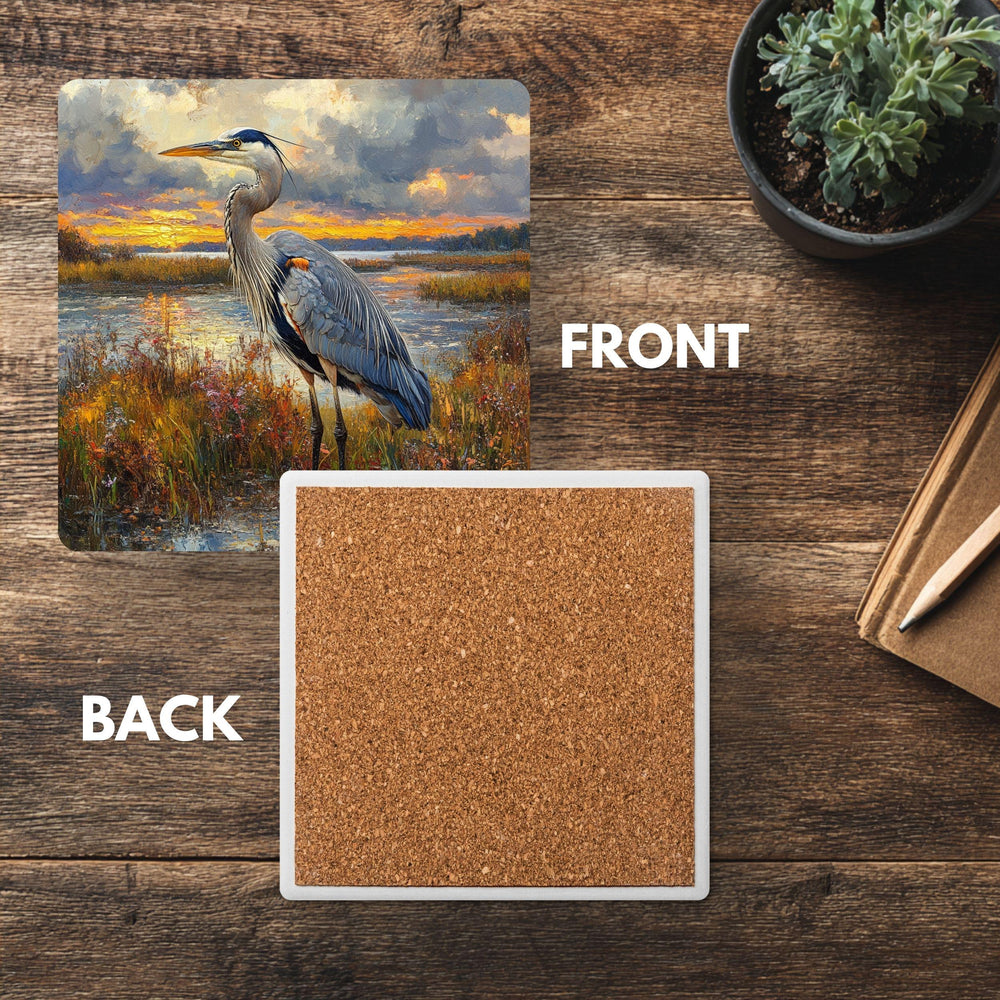 Blue Heron Coaster Set of 4, Coastal Bird Art Coasters, Marshland Sunset Landscape Ceramic Drink Coaster Set