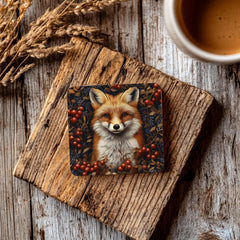 Red Fox Coaster Set of 4, Woodland Animal Art Coasters, Rustic Forest Berries Ceramic Drink Coaster Set