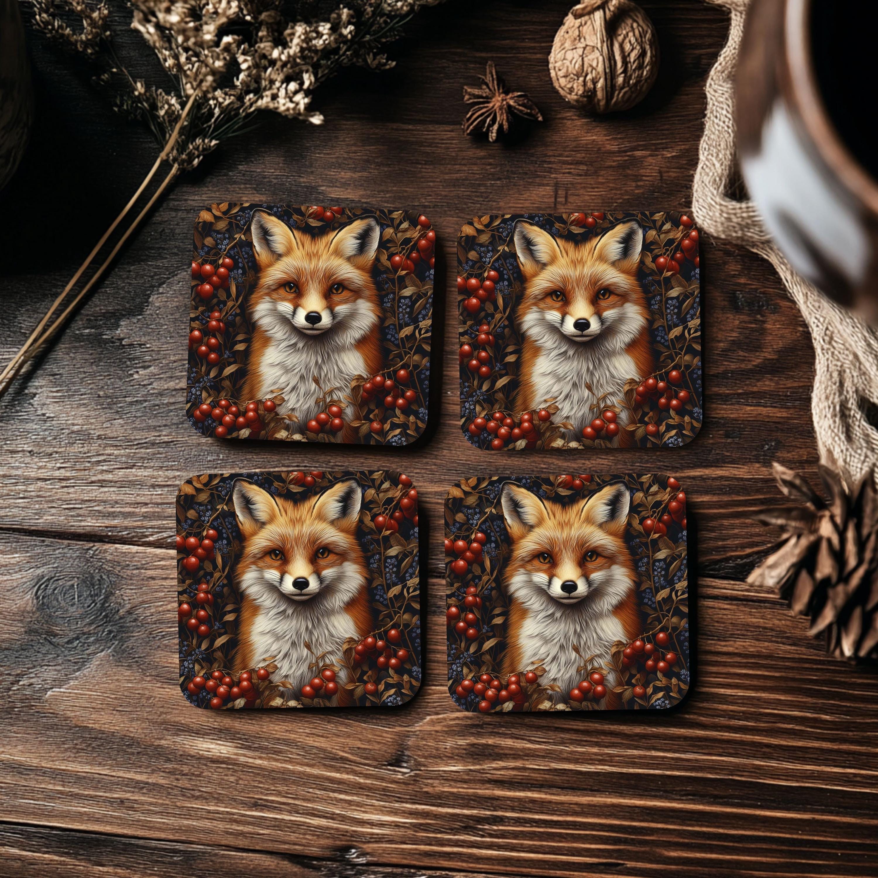Red Fox Coaster Set of 4, Woodland Animal Art Coasters, Rustic Forest Berries Ceramic Drink Coaster Set