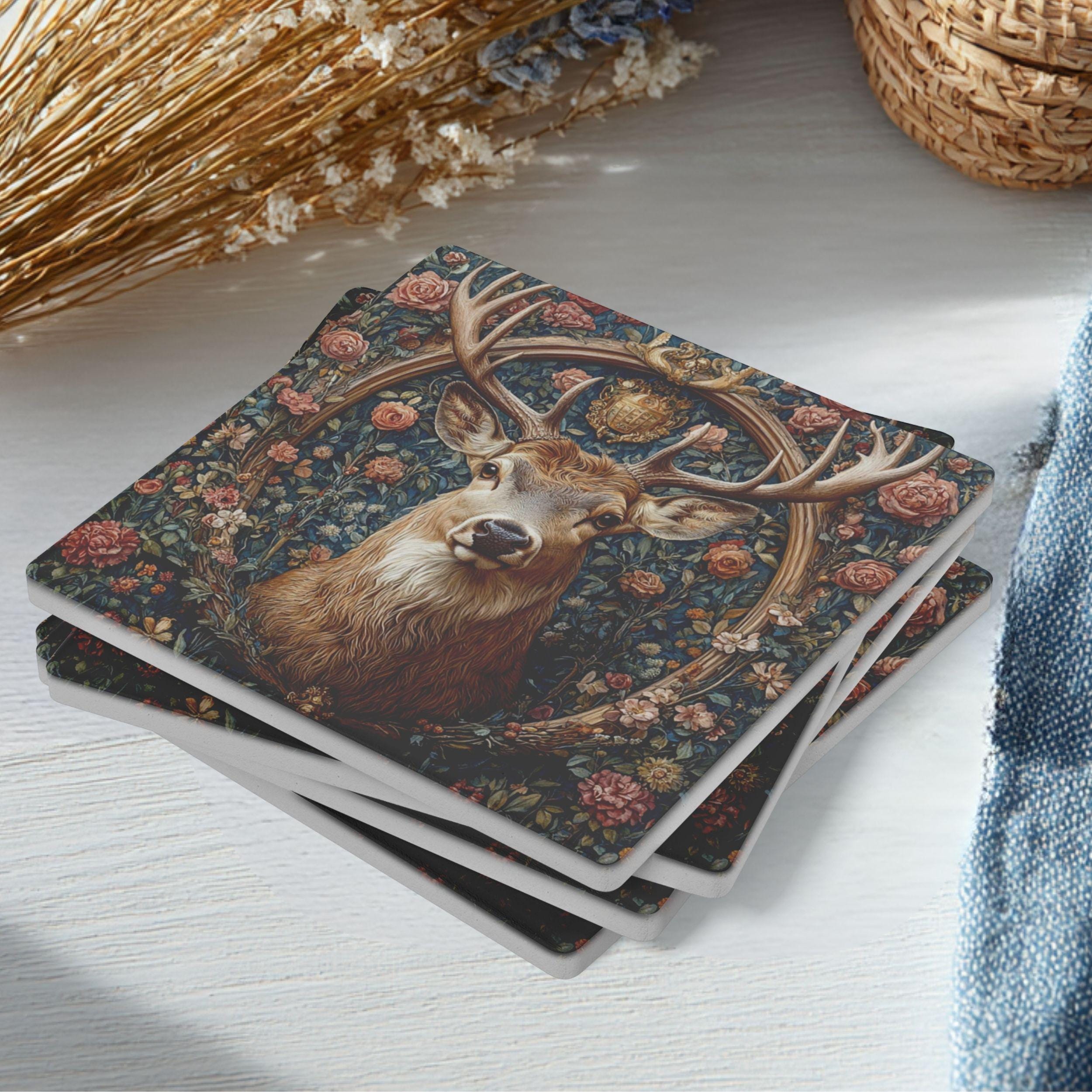 Deer Portrait Coaster Set of 4, Vintage Forest Floral Stag Art Coasters, Rustic Woodland Nature Ceramic Drink Coaster Set