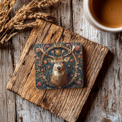 Deer Portrait Coaster Set of 4, Vintage Forest Floral Stag Art Coasters, Rustic Woodland Nature Ceramic Drink Coaster Set