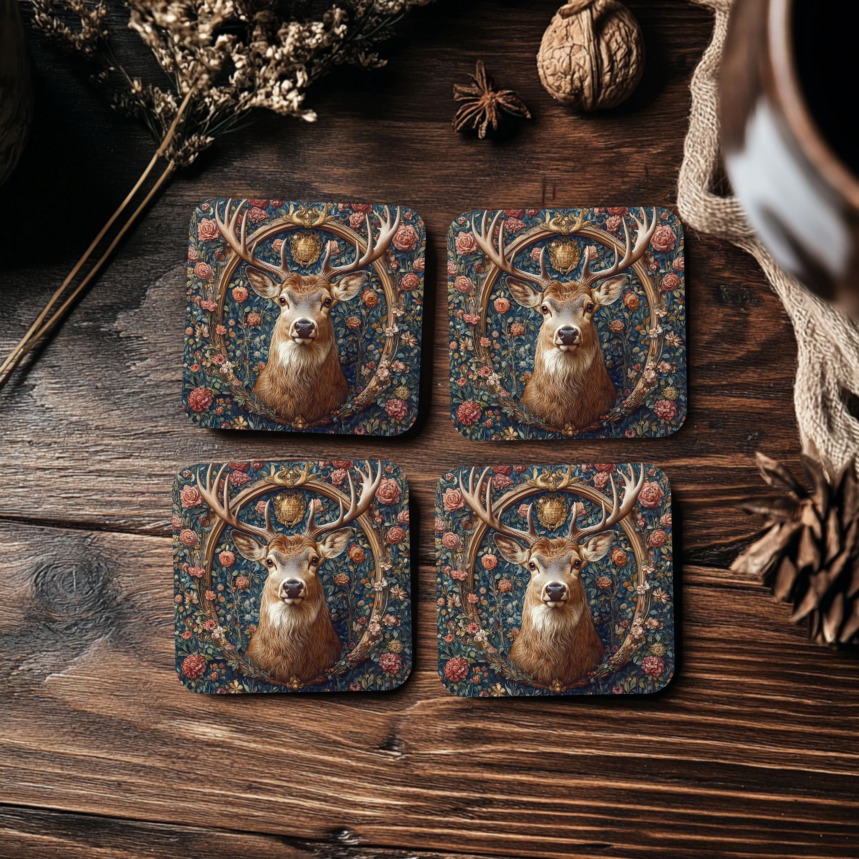Deer Portrait Coaster Set of 4, Vintage Forest Floral Stag Art Coasters, Rustic Woodland Nature Ceramic Drink Coaster Set