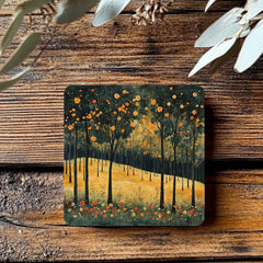 Autumn Forest Coaster Set of 4, Fall Trees and Flowers Art Coasters, Golden Meadow Landscape Ceramic Drink Coaster Set