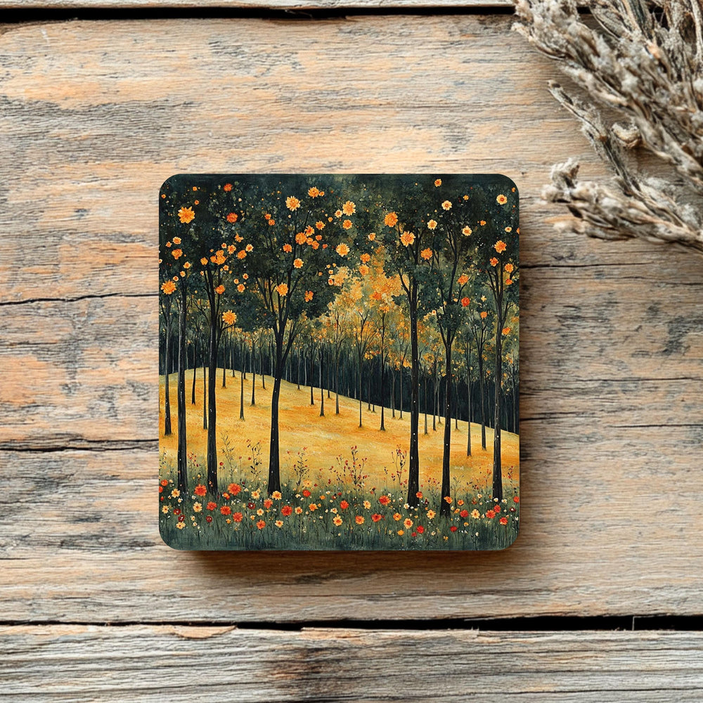 Autumn Forest Coaster Set of 4, Fall Trees and Flowers Art Coasters, Golden Meadow Landscape Ceramic Drink Coaster Set