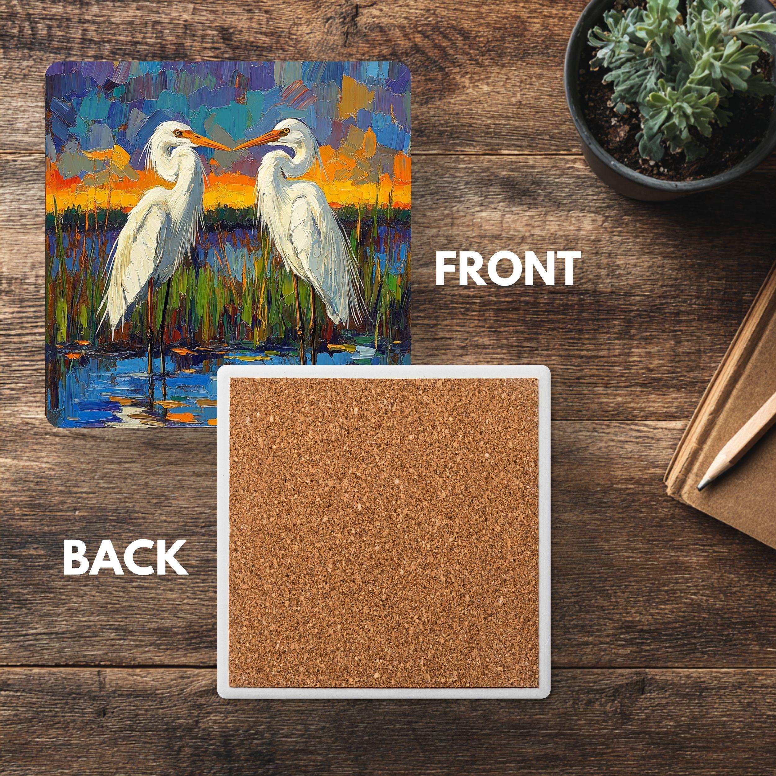 Impressionist Egret Coaster Set of 4, Abstract Coastal Bird Art Coasters, Bold Color Marsh Scene Ceramic Coaster Set
