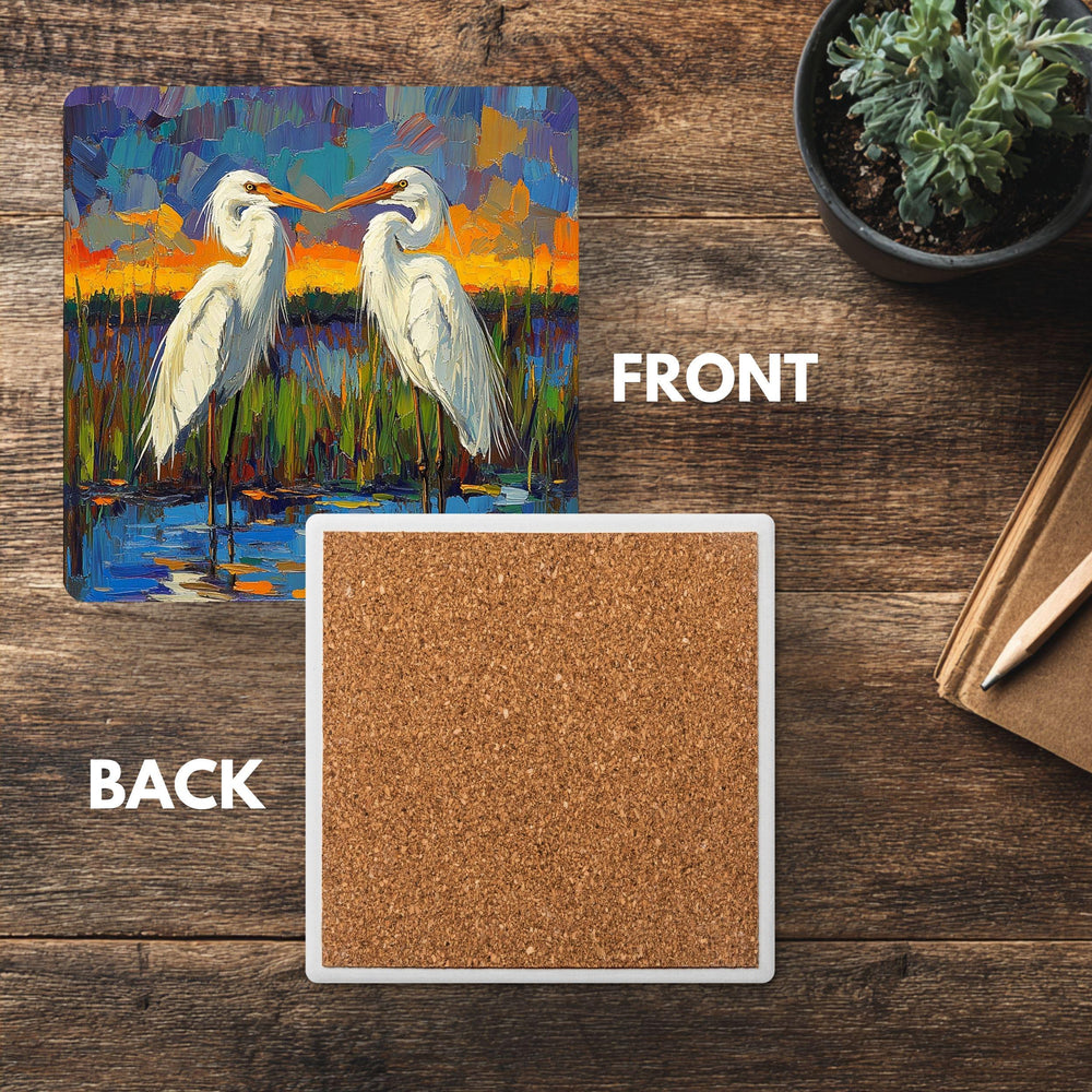 Impressionist Egret Coaster Set of 4, Abstract Coastal Bird Art Coasters, Bold Color Marsh Scene Ceramic Coaster Set