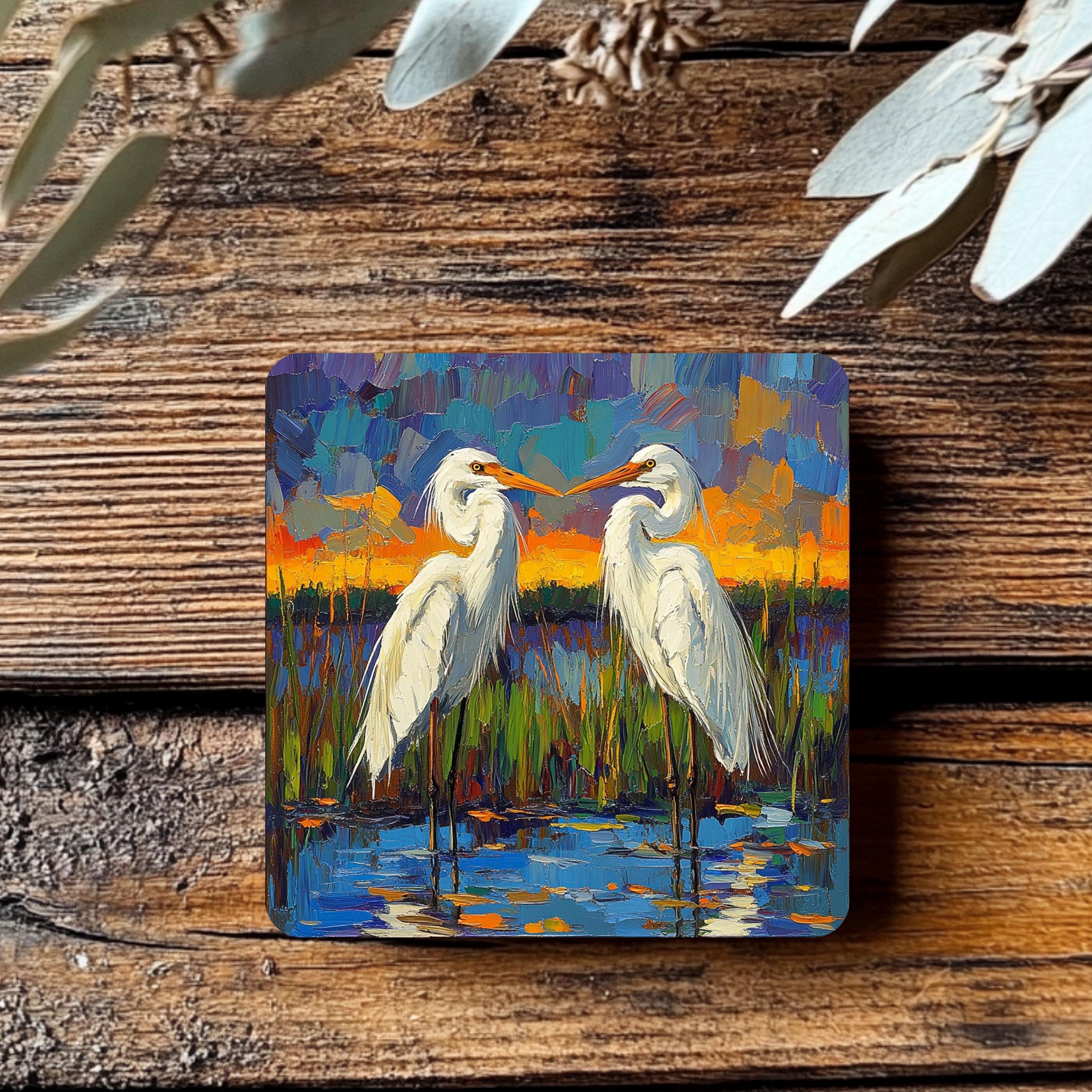 Impressionist Egret Coaster Set of 4, Abstract Coastal Bird Art Coasters, Bold Color Marsh Scene Ceramic Coaster Set