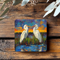 Impressionist Egret Coaster Set of 4, Abstract Coastal Bird Art Coasters, Bold Color Marsh Scene Ceramic Coaster Set