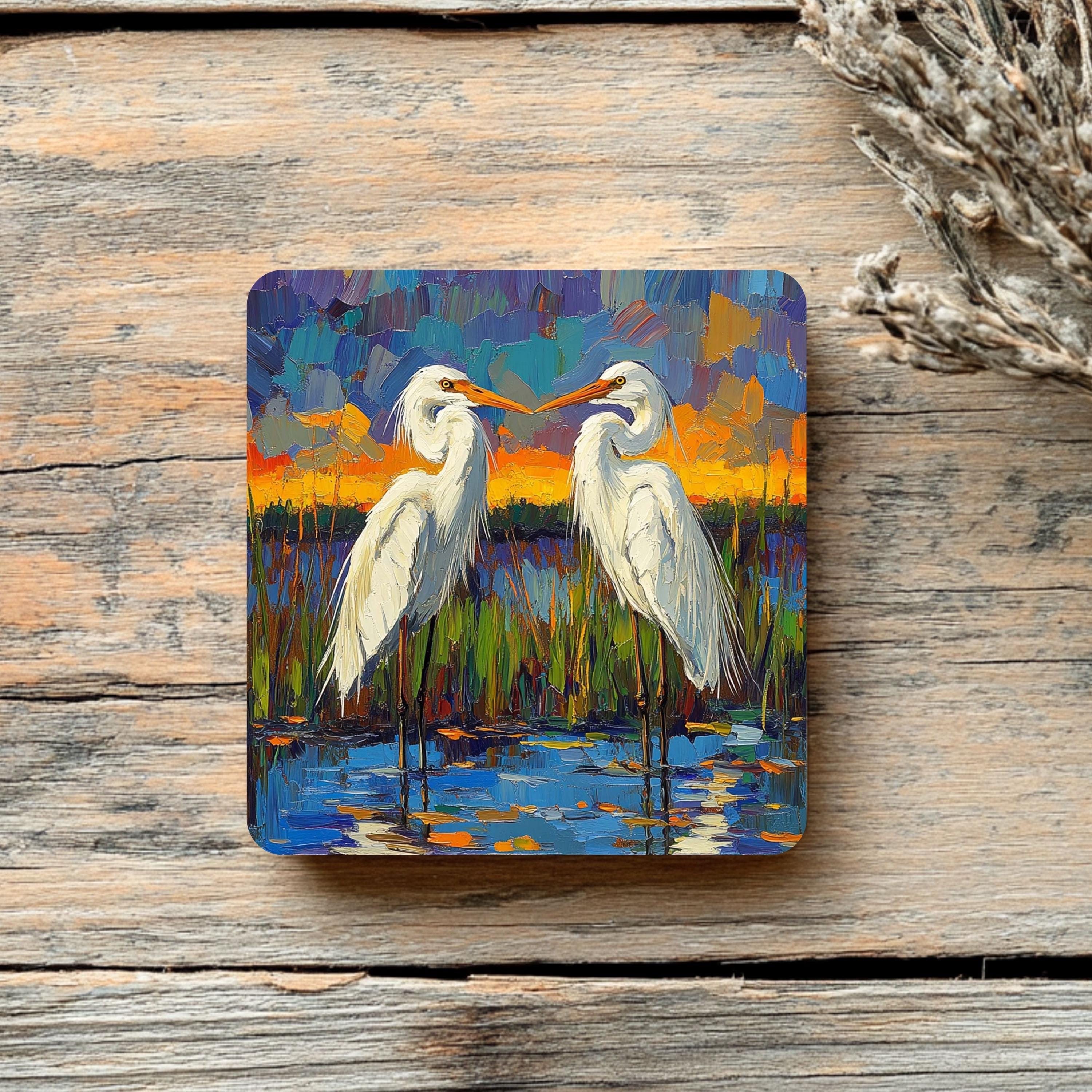 Impressionist Egret Coaster Set of 4, Abstract Coastal Bird Art Coasters, Bold Color Marsh Scene Ceramic Coaster Set