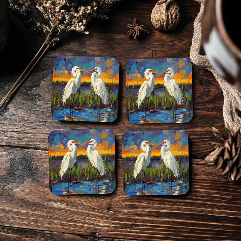 Impressionist Egret Coaster Set of 4, Abstract Coastal Bird Art Coasters, Bold Color Marsh Scene Ceramic Coaster Set
