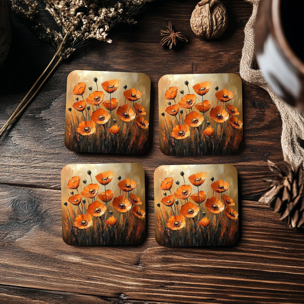 Rustic Orange Poppy Coaster Set of 4, Floral Botanical Ceramic Drink Coasters, Autumn Flower Home Decor Gift