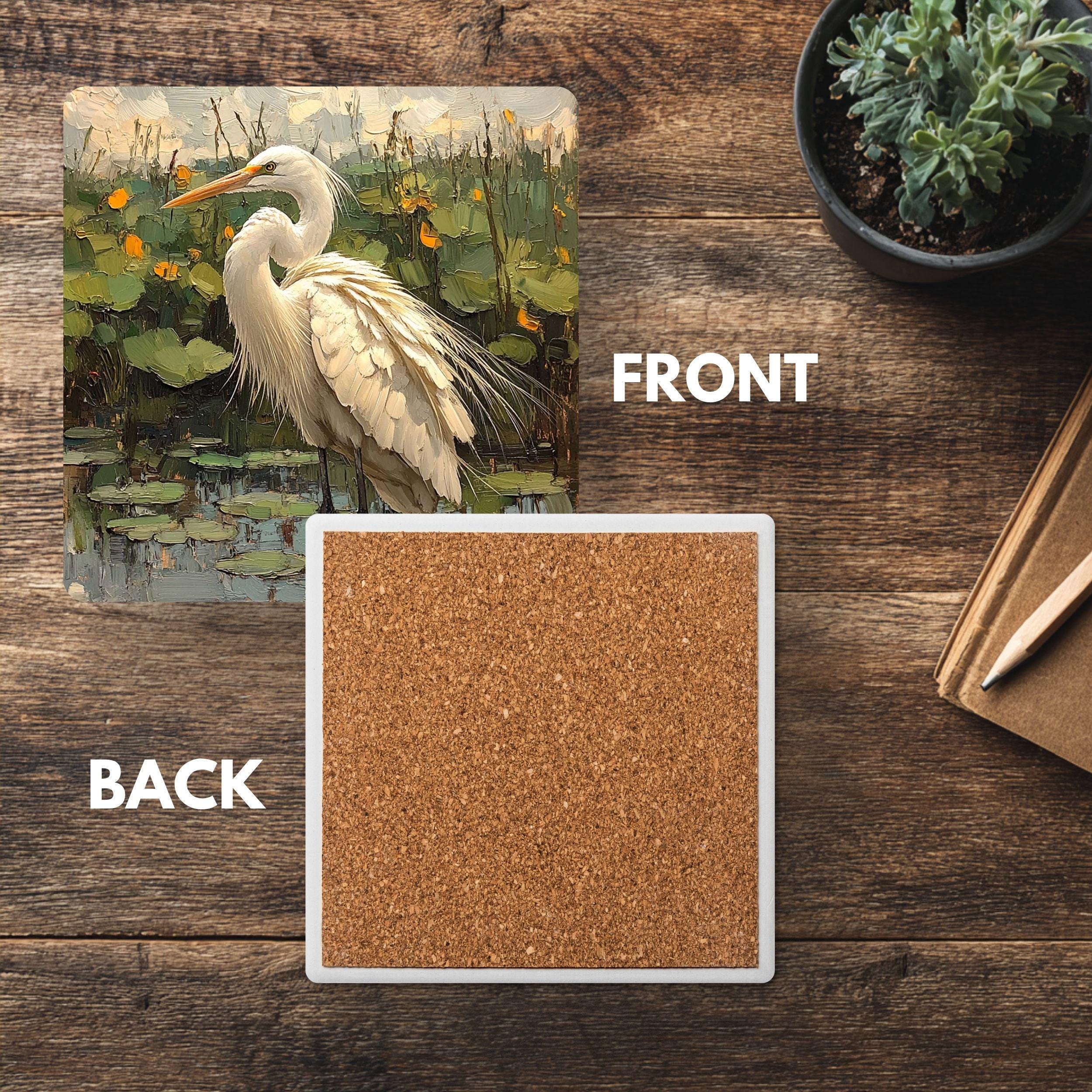 White Egret Pond Coaster Set of 4, Nature-Inspired Bird Art Coasters, Water Lily Marsh Ceramic Drink Coaster Set