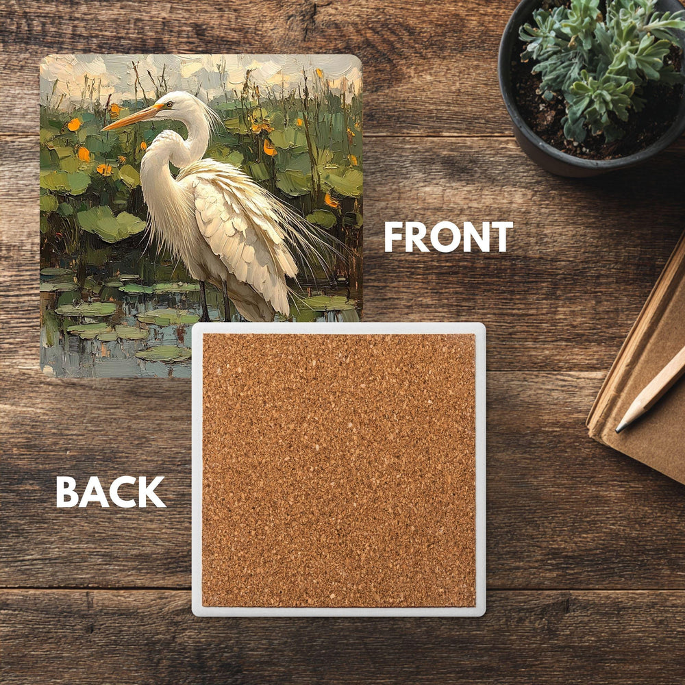 White Egret Pond Coaster Set of 4, Nature-Inspired Bird Art Coasters, Water Lily Marsh Ceramic Drink Coaster Set