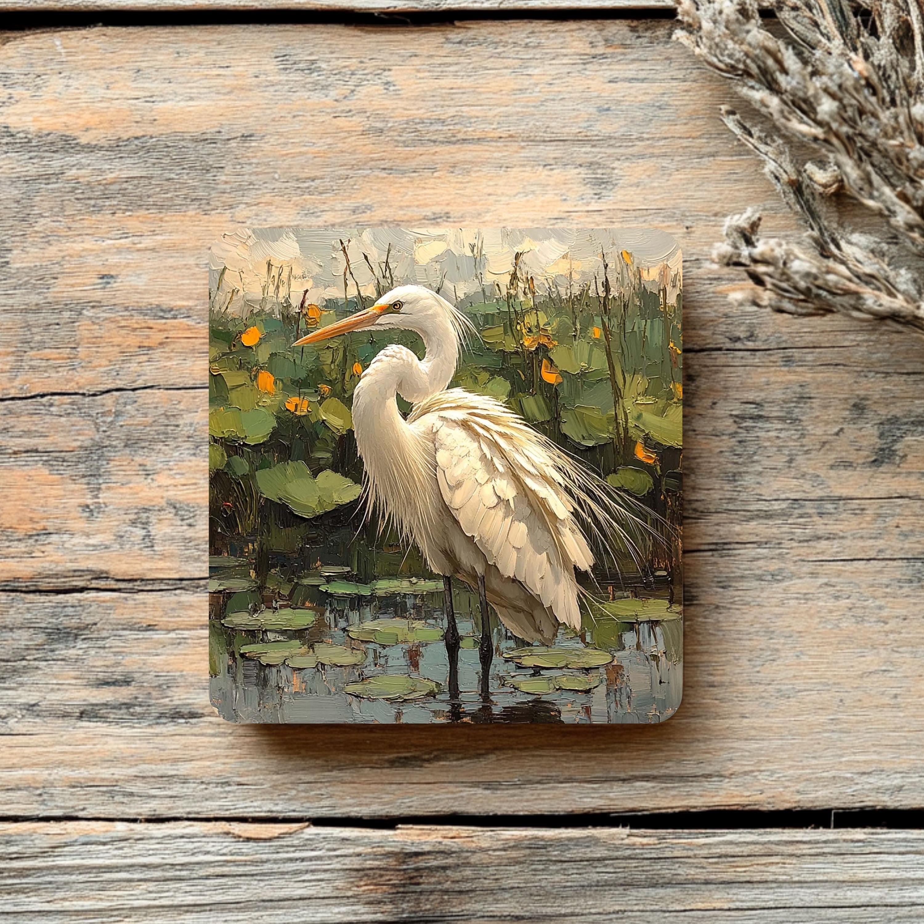 White Egret Pond Coaster Set of 4, Nature-Inspired Bird Art Coasters, Water Lily Marsh Ceramic Drink Coaster Set