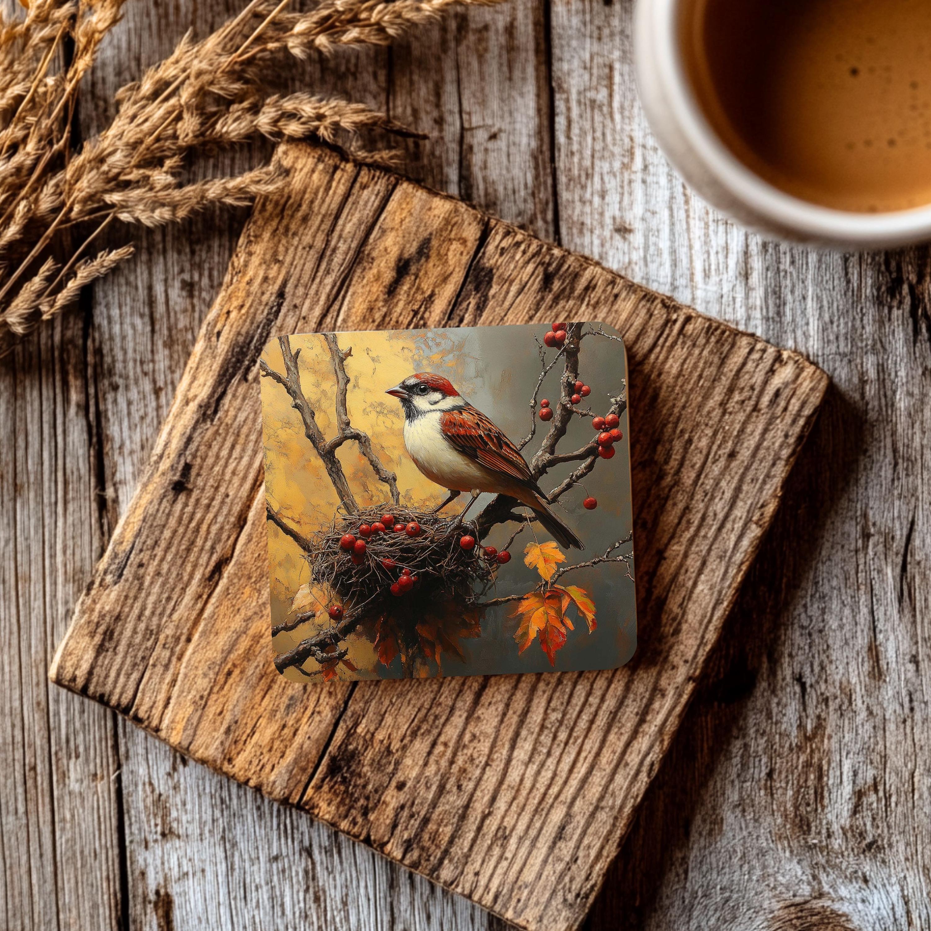 Autumn Sparrow Coaster Set of 4, Rustic Bird Nest Art Coasters, Fall Leaves Woodland Ceramic Drink Coaster Set