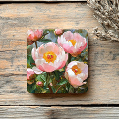 Pink Peony Coaster Set of 4, Romantic Floral Art Coasters, Garden Blossom Pastel Ceramic Drink Coaster Set