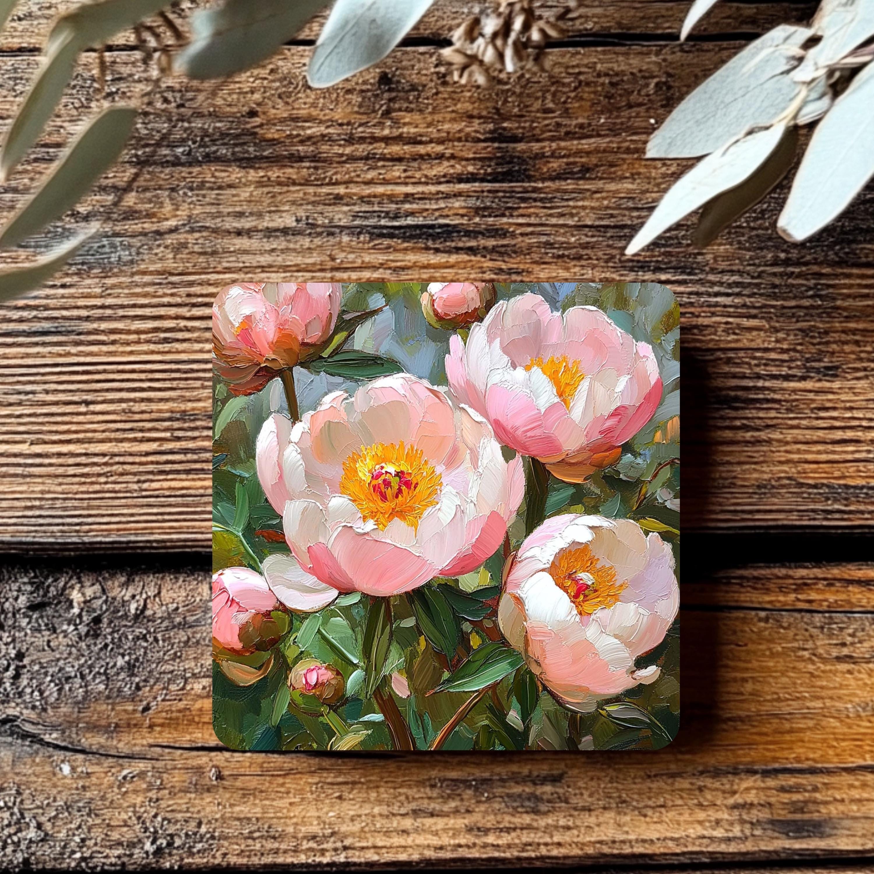 Pink Peony Coaster Set of 4, Romantic Floral Art Coasters, Garden Blossom Pastel Ceramic Drink Coaster Set
