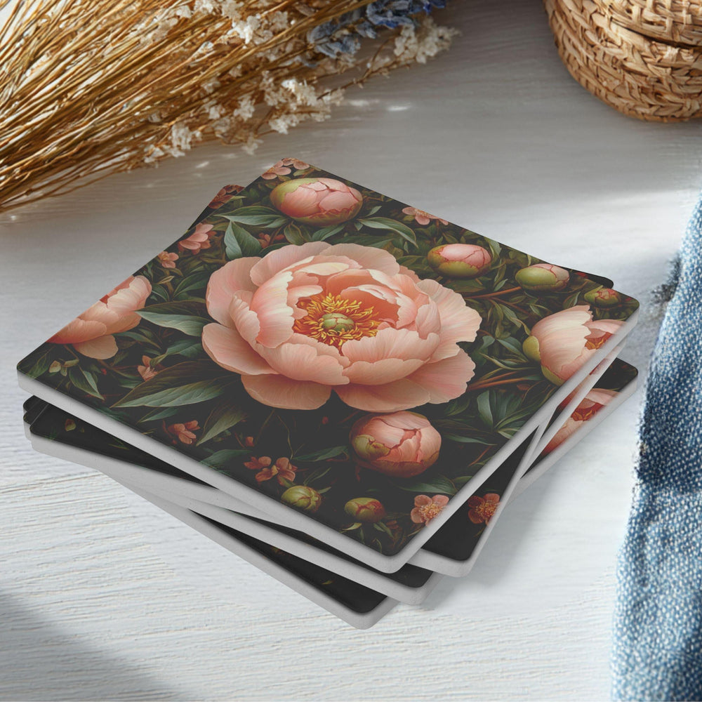 Dark Garden Peony Coaster Set of 4, Vintage Floral Botanical Coasters, Elegant Black Background Ceramic Drink Set