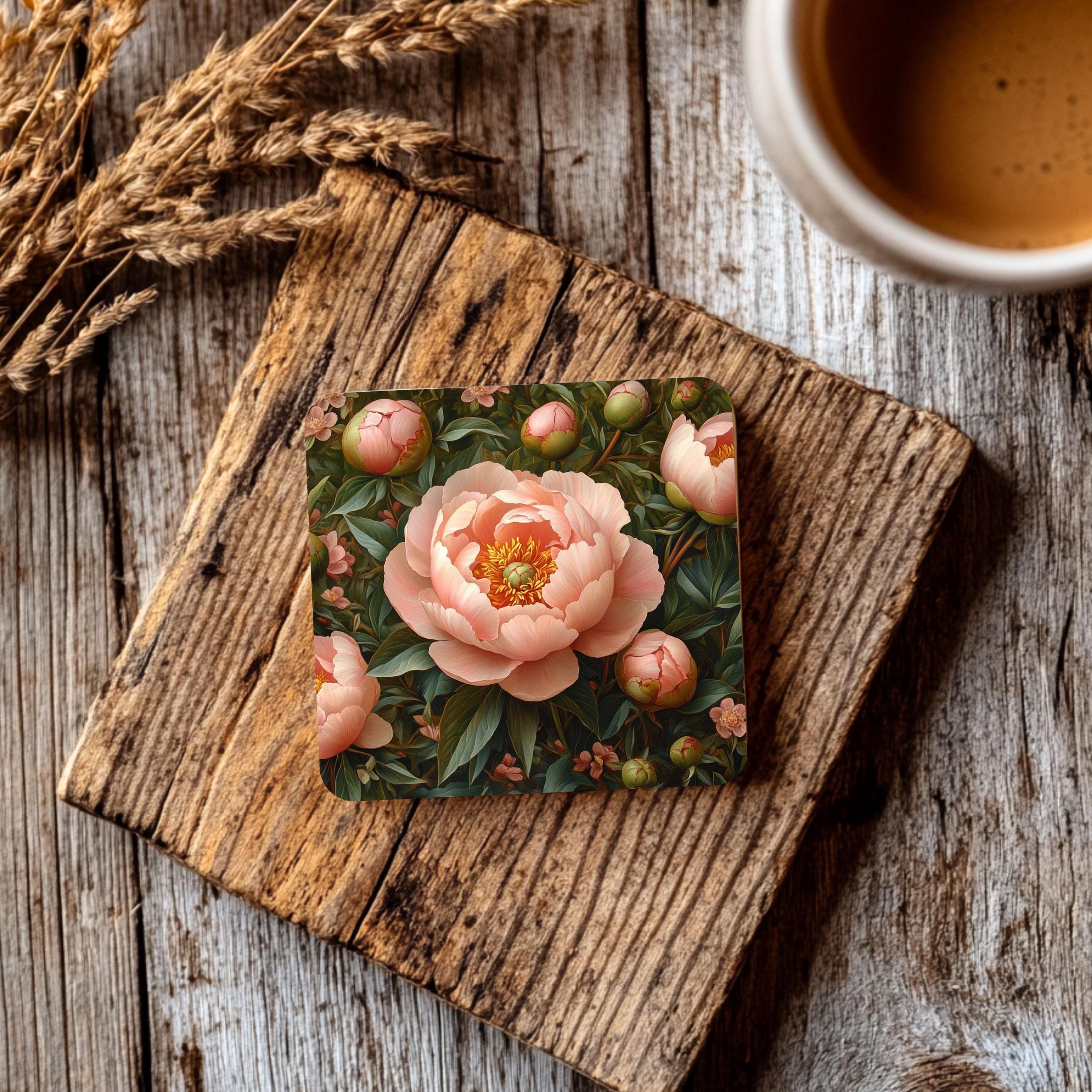 Dark Garden Peony Coaster Set of 4, Vintage Floral Botanical Coasters, Elegant Black Background Ceramic Drink Set