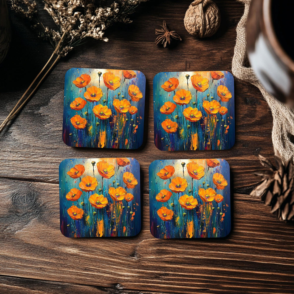 Colorful Poppy Field Coaster Set of 4, Vibrant Floral Art Coasters, Blue Yellow Garden Ceramic Drink Coaster Set