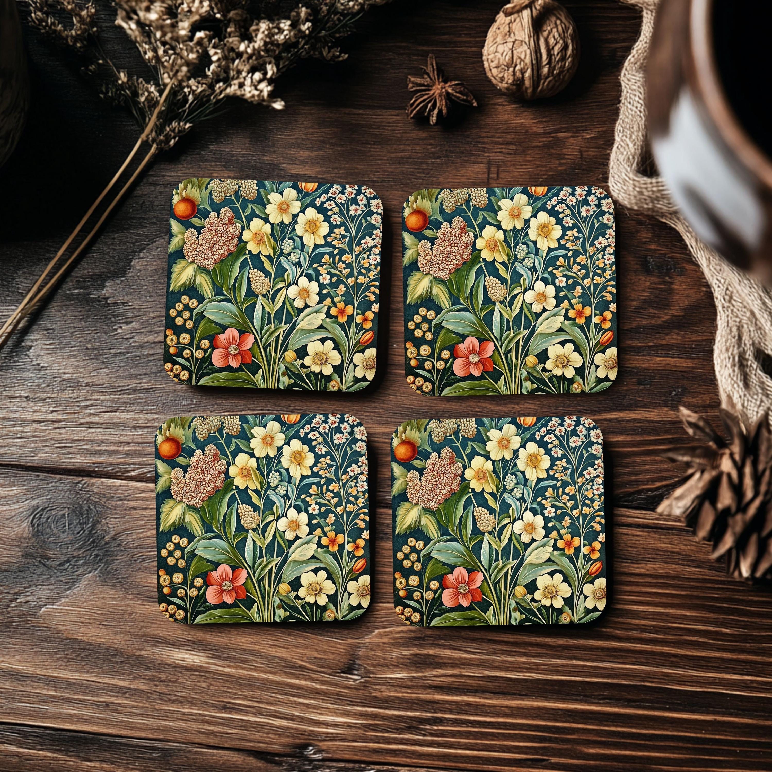 Botanical Wildflower Coaster Set of 4, Vintage Garden Floral Ceramic Coasters, Nature-Inspired Home Decor Gift