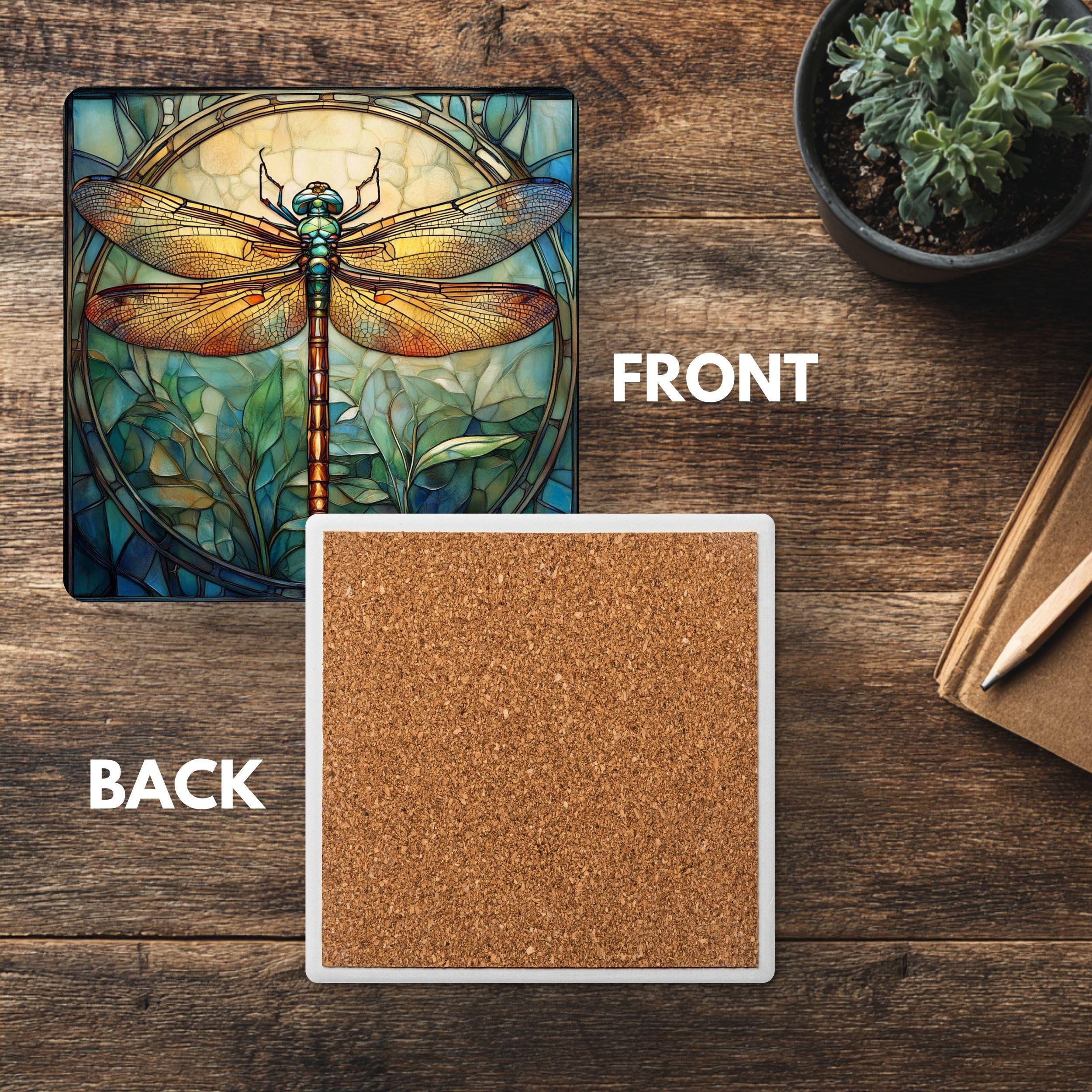 Stained Glass Look Dragonfly Coaster Set of 4, Nature-Inspired Boho Art Coasters, Ceramic Coaster Set Gift