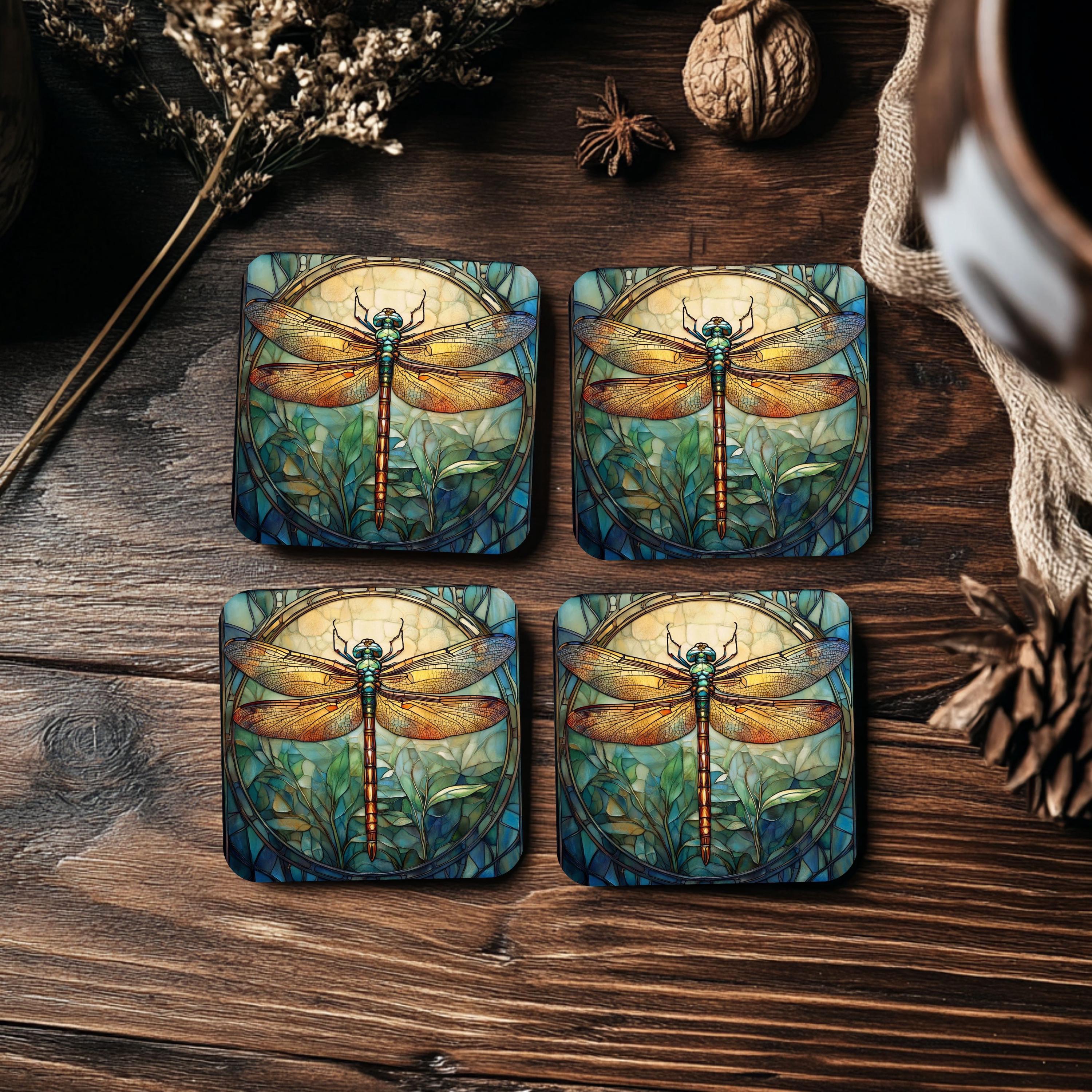 Stained Glass Look Dragonfly Coaster Set of 4, Nature-Inspired Boho Art Coasters, Ceramic Coaster Set Gift