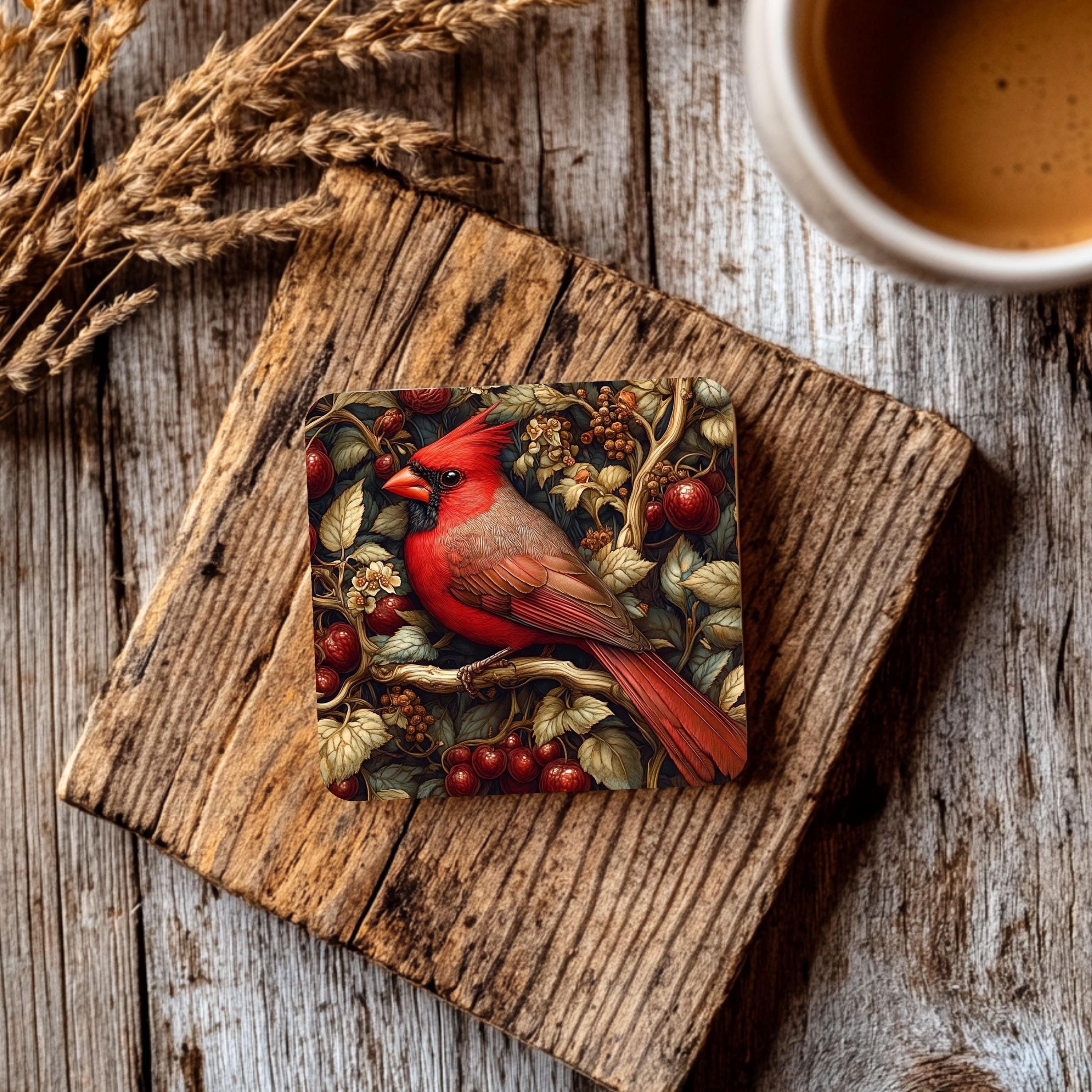 Red Cardinal Coaster Set of 4, Woodland Bird Art Coasters, Rustic Winter Berry Ceramic Drink Coaster Set