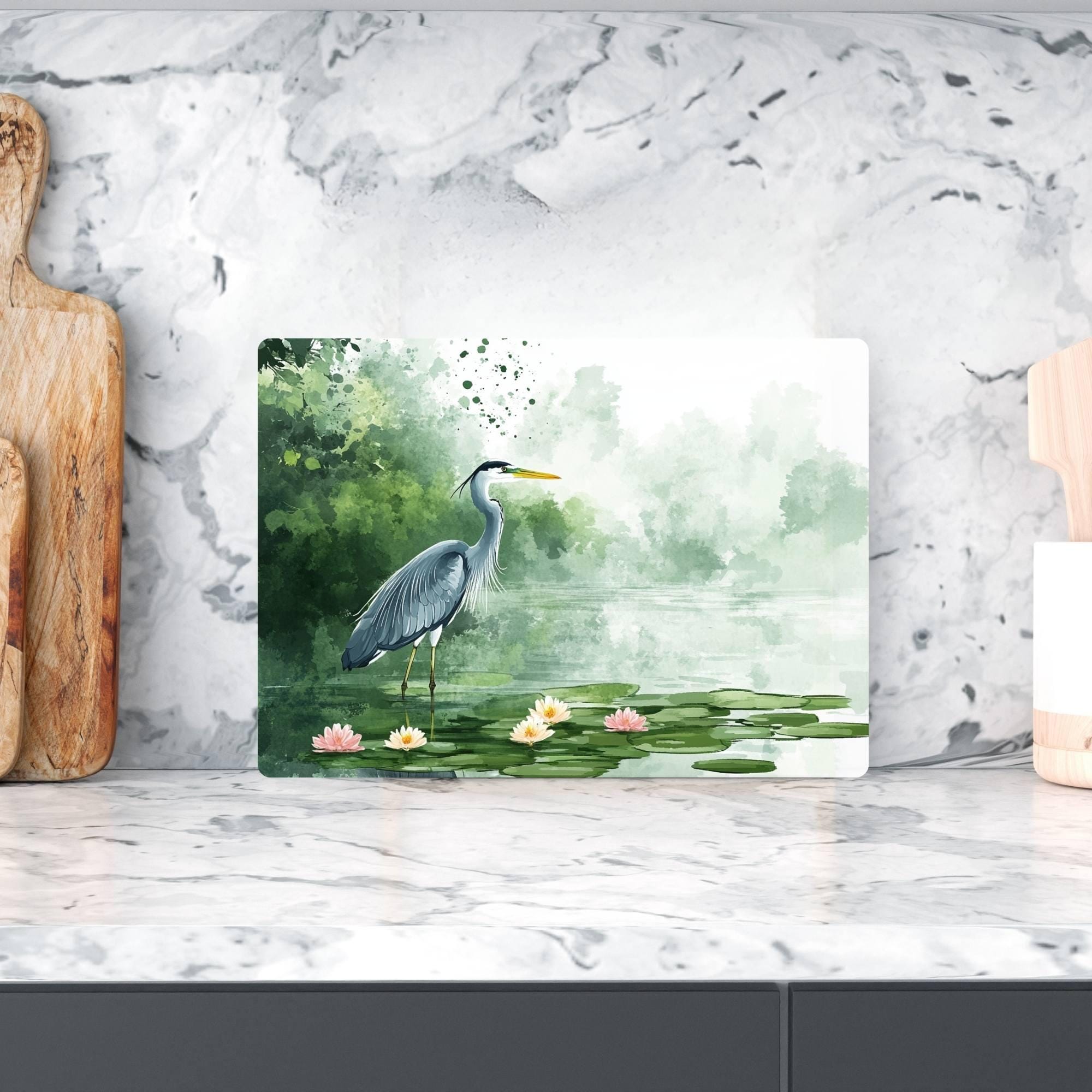 Blue Heron on Lily Pond Glass Cutting Board, Nature-Inspired Kitchen Decor, Water Bird Art Serving Board Gift