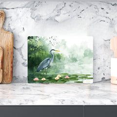 Blue Heron on Lily Pond Glass Cutting Board, Nature-Inspired Kitchen Decor, Water Bird Art Serving Board Gift