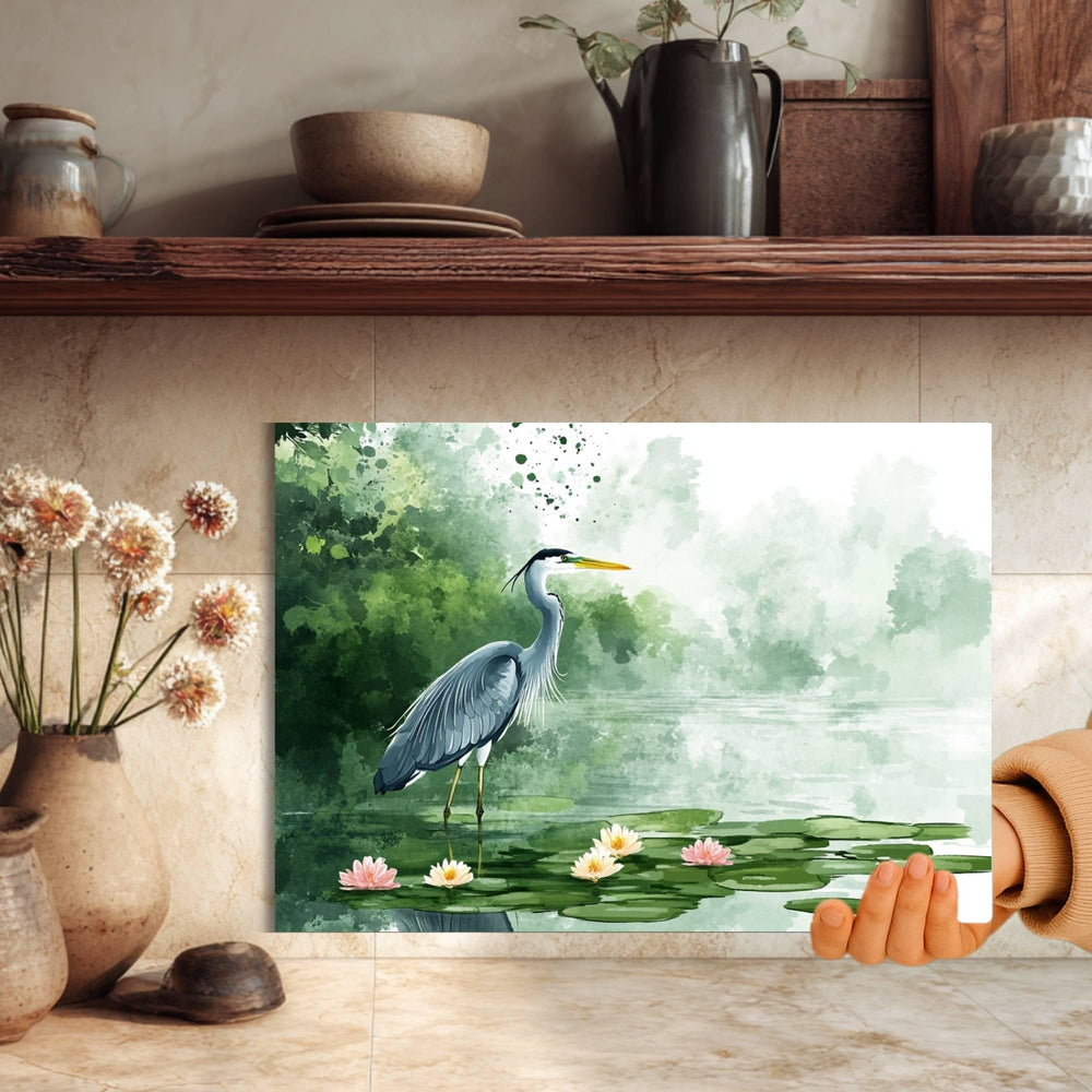 Blue Heron on Lily Pond Glass Cutting Board, Nature-Inspired Kitchen Decor, Water Bird Art Serving Board Gift